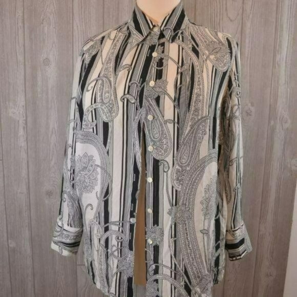 Jones New York Womens Silk Paisley Striped Button-Down Long Sleeve Top PLUS 14W - Picture 1 of 7